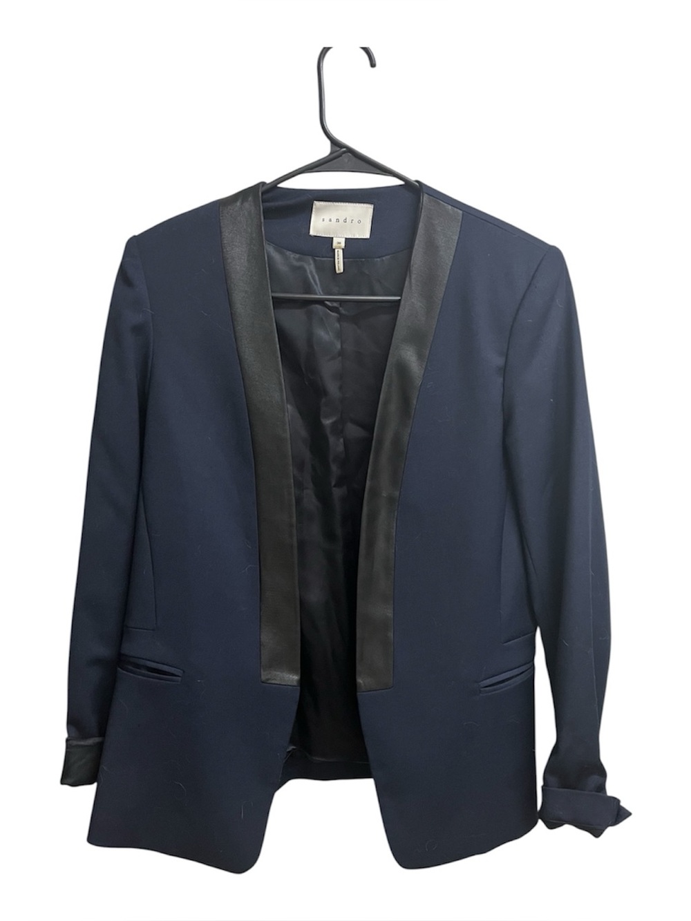 Sandro Women’s Fitted Open Tuxedo Blazer Navy Blue Black Satin Lapel EU 38 US 6
